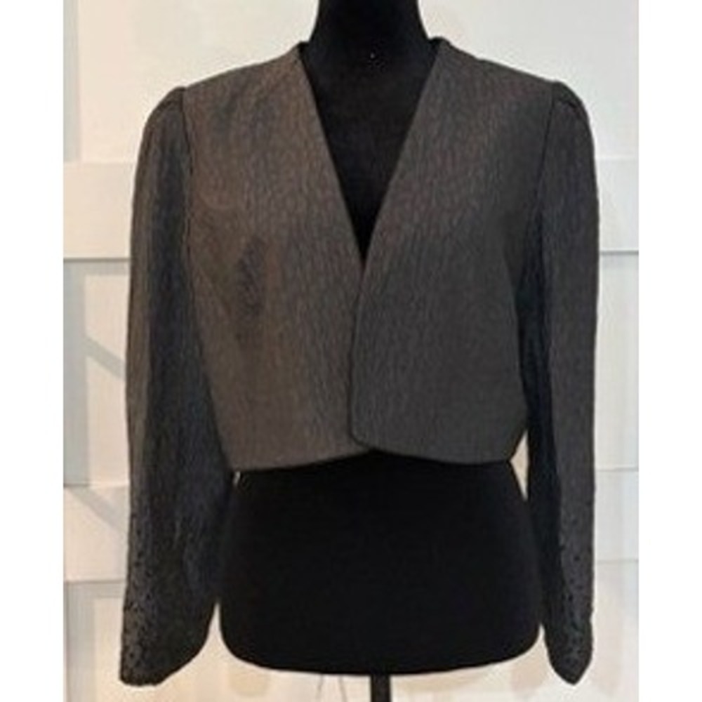 Tahari Arthur S. Levine Petite Cropped Textured Beaded Bolero Jacket Blazer Grey